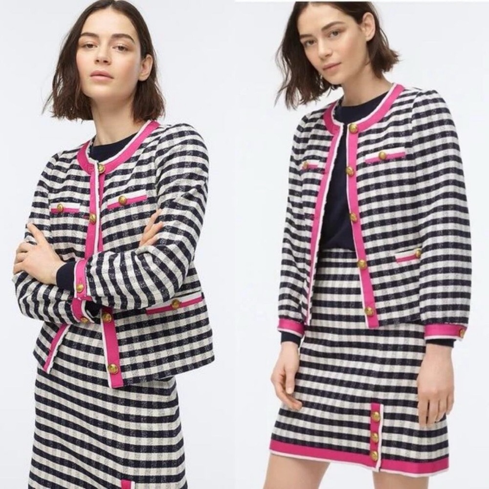 J. Crew Black and White Gingham Skirt Set suit with Pink Trim